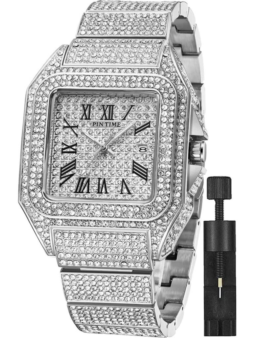 Stylish Hip Hop Men's Bling Crystal Watch - Rectangle Case, Stainless Steel